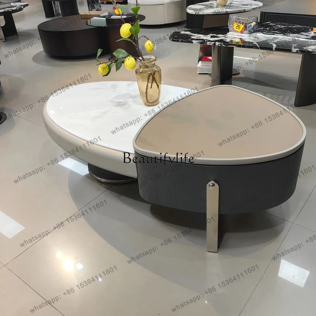 

CJNew Italian Minimalist Rock Slab Coffee Table High-end Saddle Leather Oval Light Luxury Modern