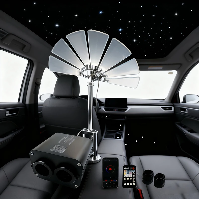 

Новые горячие оптоволоконные светодиодные фонари с двойной головкой, звездное небо, музыкальное управление, комплект потолка на крышу автомобиля, умное приложение, мерцающая цветная лампа 4 м