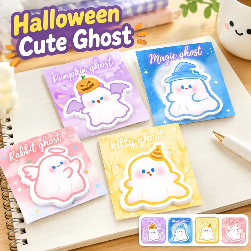 Halloween Cute Die-cut Ghost Sticky Notes Student Cartoon Message Memo Tabs Pretty Reusable Self-adhesive Stationery Supplies