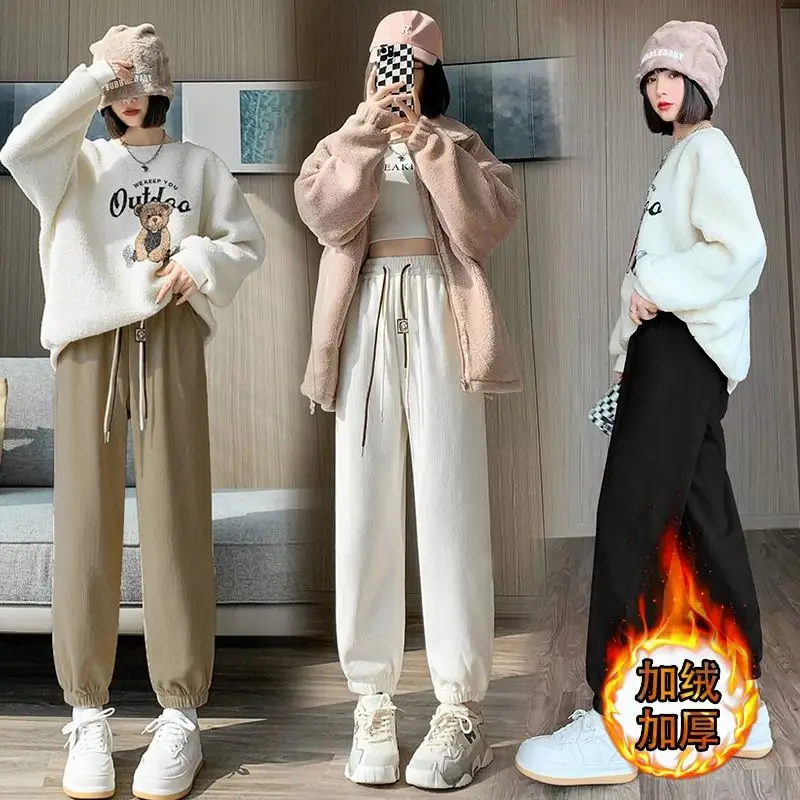 Add Velvet Thick Corduroy Women 2024 Autumn Winter New High-waisted Loose Sports Show Thin Casual Fashion Trend Comfort Pants