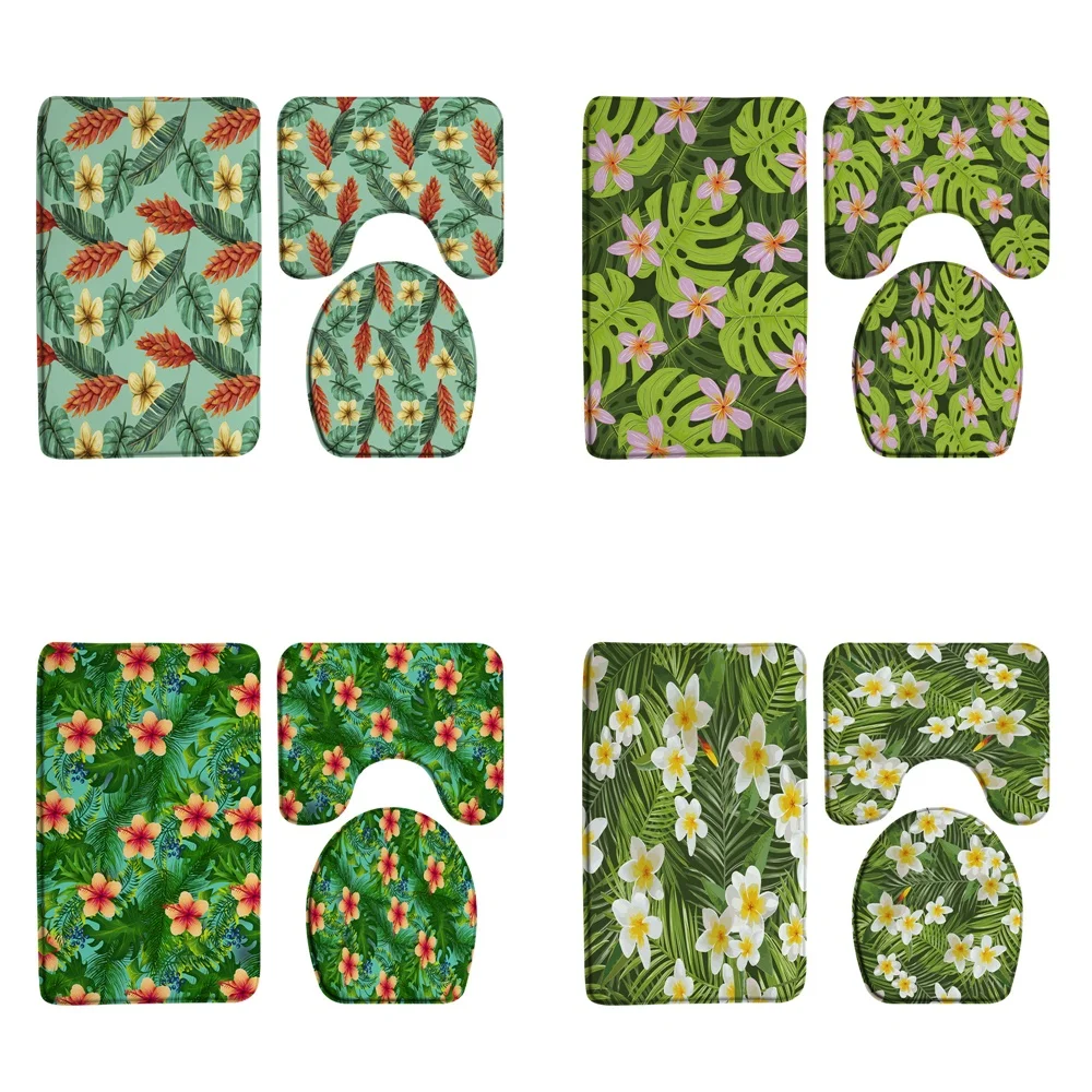 

Tropical Palm Leaves Flowers Bath Mat Sets Green Monstera Plant Floral Toilet Lid Cover Foot Rug Carpet Bathroom Accessory Decor