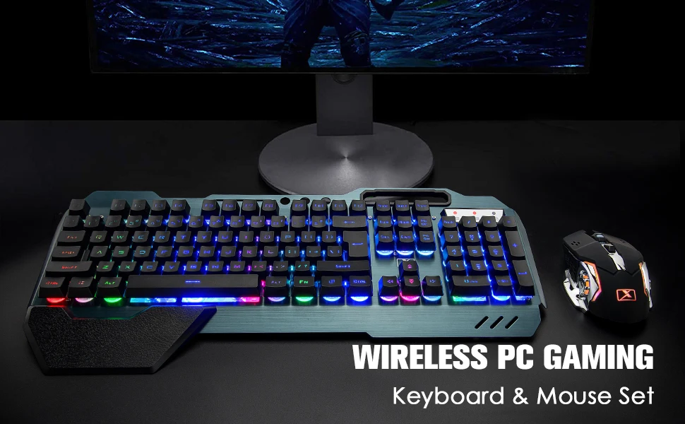 Wireless Gaming Keyboard and Mouse Set Rainbow/RGB Backlit Rechargeable Keyboard and 7 Color Gaming Mute Mouse with Pad