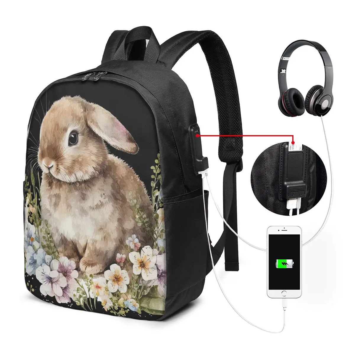 Kawaii Bunny And Flower Realistic Backpack Travel Notebook Bag Computer College Student School Bag Laptop Shoulder Bags