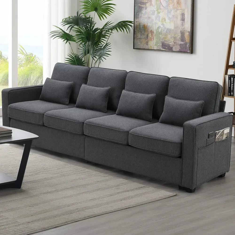 

104" Linen Fabric Sofa with Armrest Pockets and 4 Pillows, Minimalist Style 4-Seater Couch for Living Room, Apartment, Dark Gray