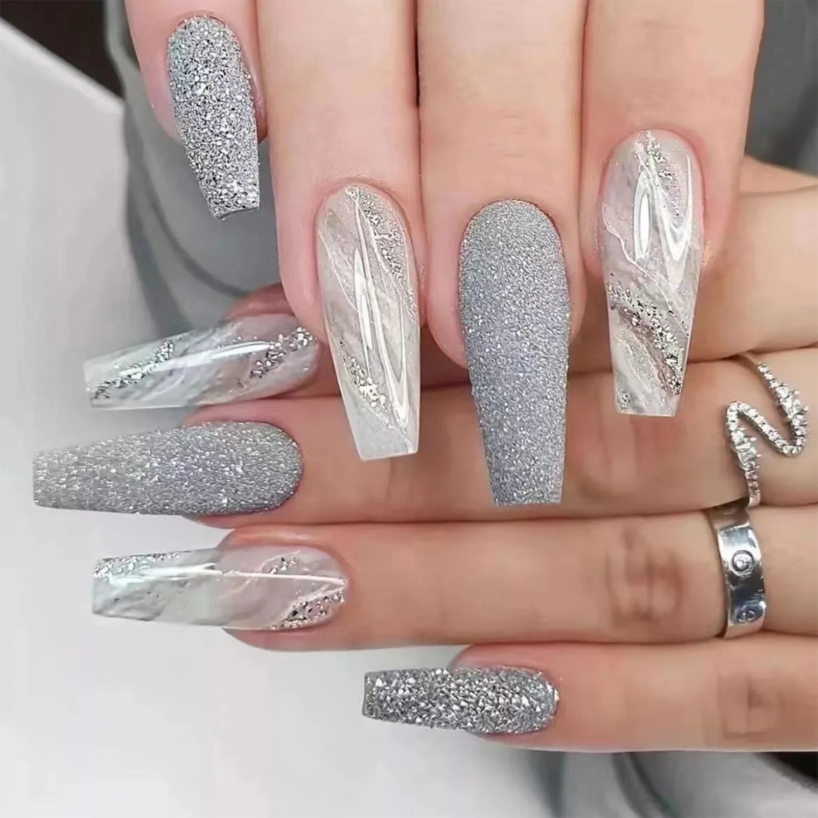 Silver Flash Powder False Nails Easy to Apply & Remove Nails for Fingernail DIY at Home