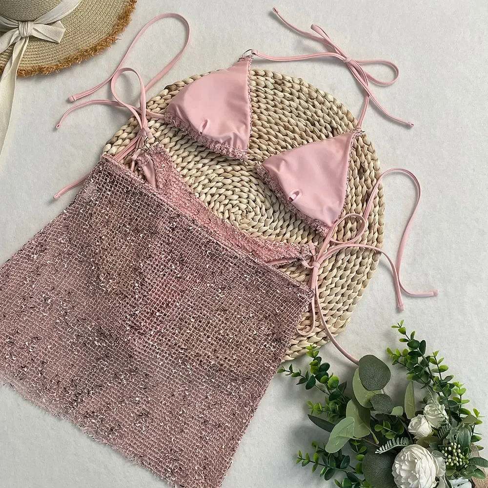 Shiny Swimsuit with Skirt Cover-Up 2025 Women's 3-Piece Bikini Set Adjustable Bathing Suit Summer Vacation Beachwear