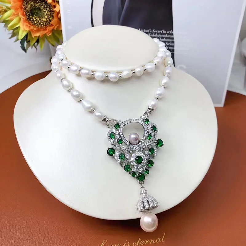 

freshwater pearl white baroque 8-9mm green zircon brooch pendant long necklace nature FPPJ wholesale beads