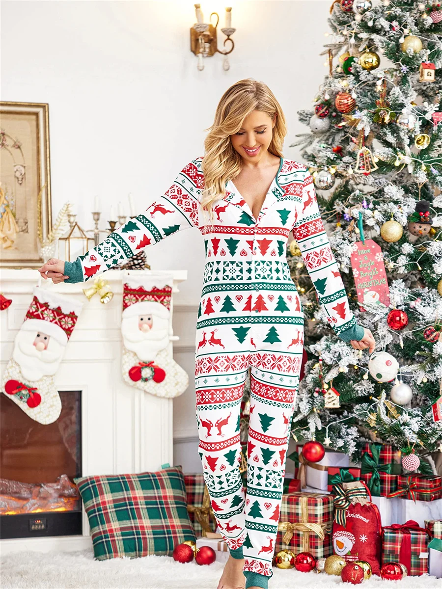 2024 Christmas Sexy One Pajamas for Women Fall Cute Print Long Sleeve Hoodies Pajamas Romper with Butt Flap Button Down