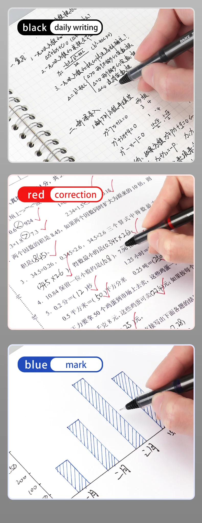 BAOKE Schnelltrocknende Flüssig-Tintenroller, 0,38mm/0,5mm/0,7mm Feine Spitze, Schwarz/Rot/Blau, für Büro und Schule – Detail 7