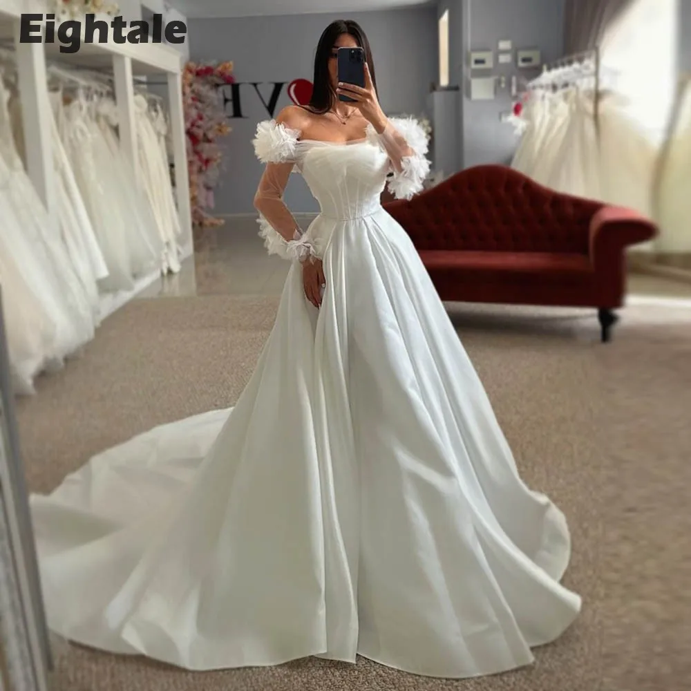 Eightale Abito da sposa principessa in raso personalizzato con spalle scoperte Corte dei treni Abito da sposa bianco avorio Vestido De Noiva