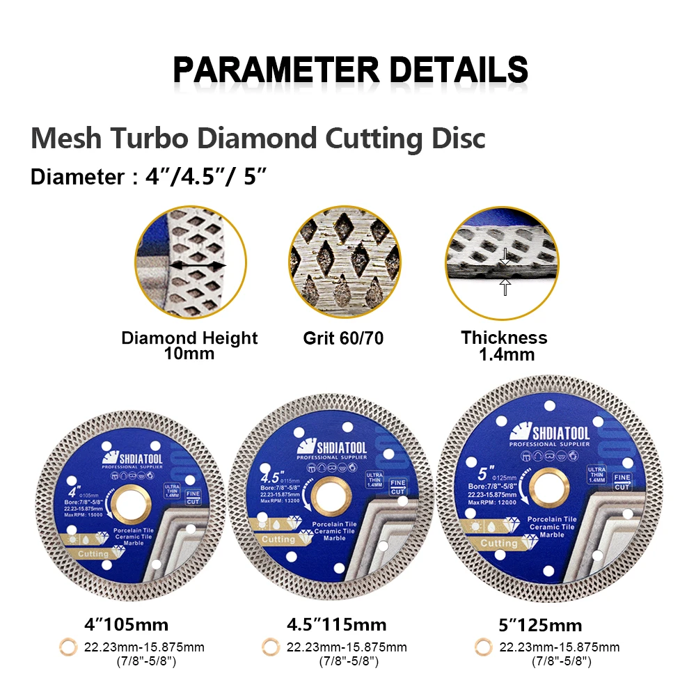 SHDIATOOL 1pc 4/4.5/5inch Mesh Diamond Cutting Disc Superthin Granite Marble Turbo Blade Porcelain Tile Angle Grinder Ceramic