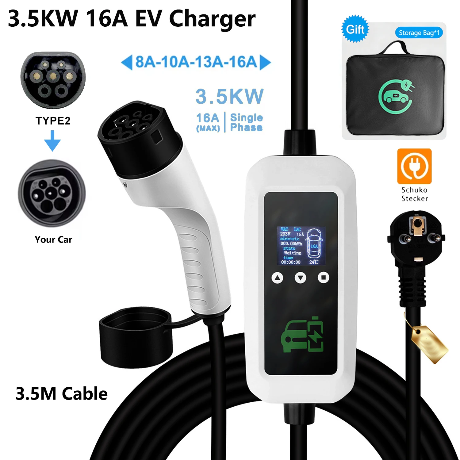 3.5KW 16A EV Portable Charger 3.5M Cable Type2 Wallbox Charging Station EU Plug For Electric Vehicle