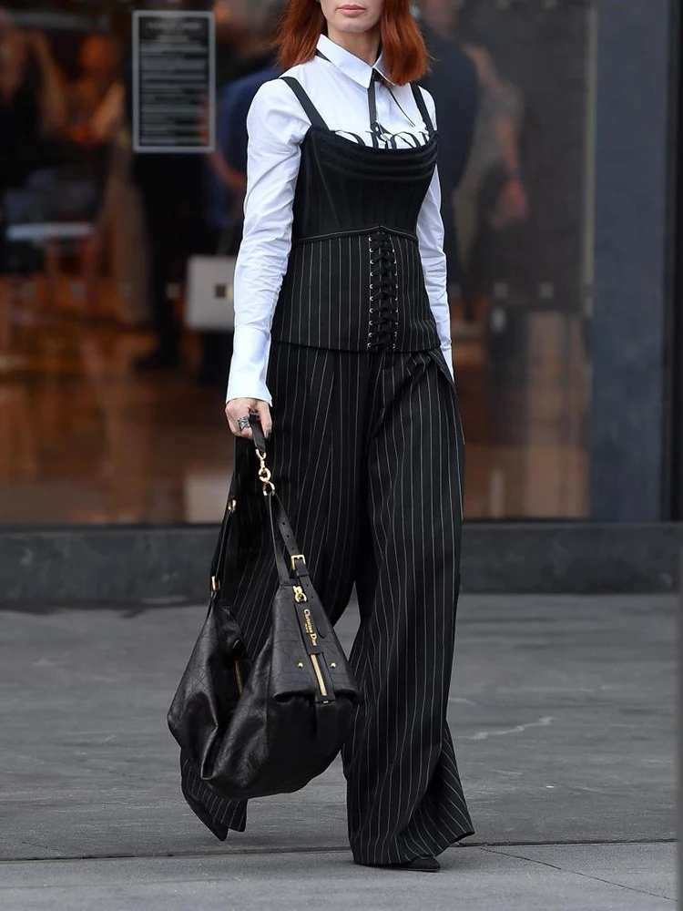 Pasyowane spodnie z wysokim stanem i szerokimi nogawkami, z wiązaniem w talii, damskie długie spodnie, nowość na jesień 2025