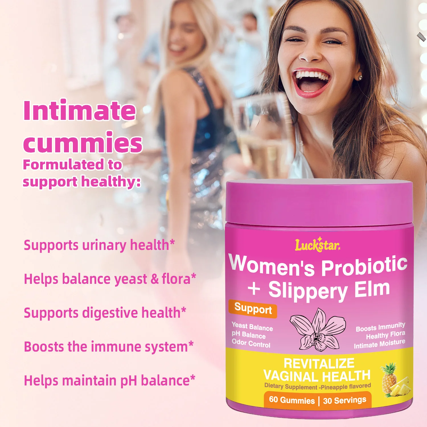 

Feminine Probiotics Gummies for Women – Pineapple Flavor Supports pH Balance, Digestive & Immune Health with Slippery Elm