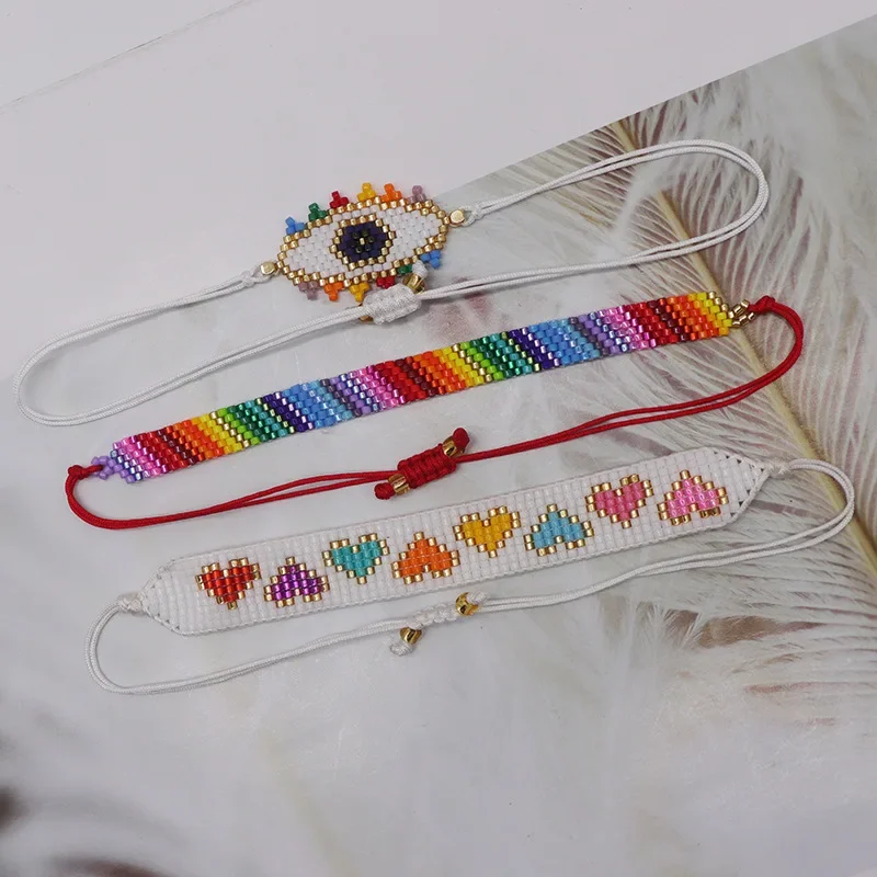 Beaded bracelet Heart Rainbow Design Originality Devil's eye Hand knitting Bohemia Adjustable Tide Simple Rice bead bracelet set