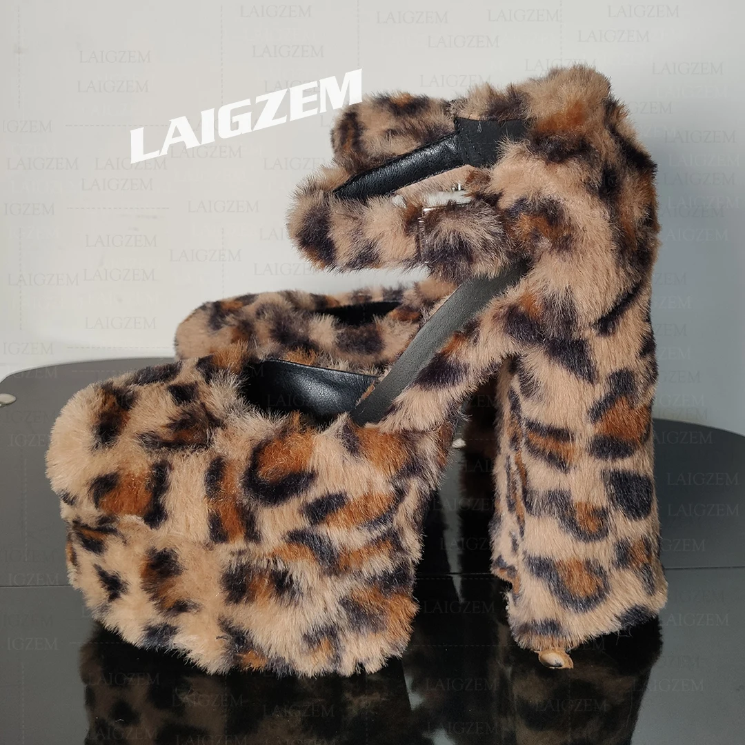 

LAIGZEM Women Sandals Round Toe Faux Hair Ankle Strap Platform High Heels Cosplay Pumps Ladies Shoes Woman Big Size 43 48 50 52