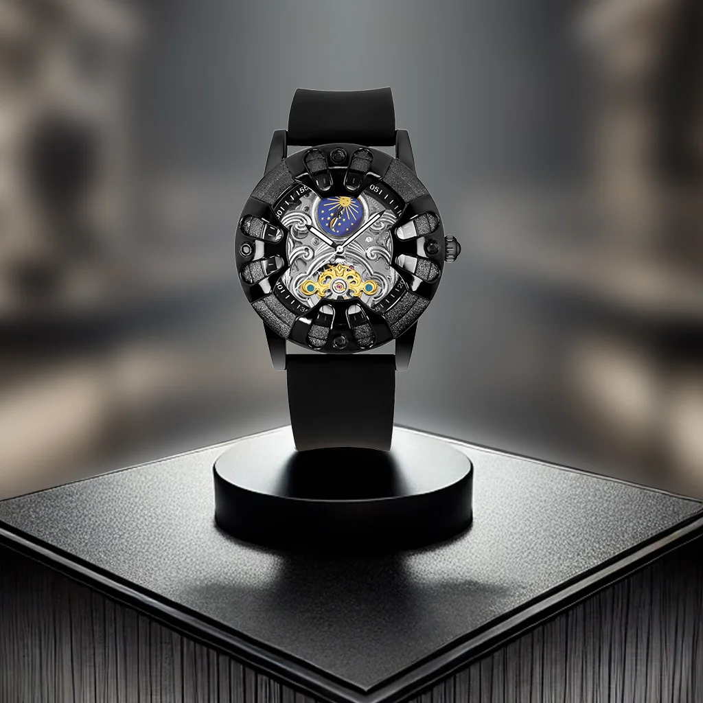 

A men's black silicone strap with moon phase luminous hollow tourbillon, cool and trendy fully automatic mechanical watch
