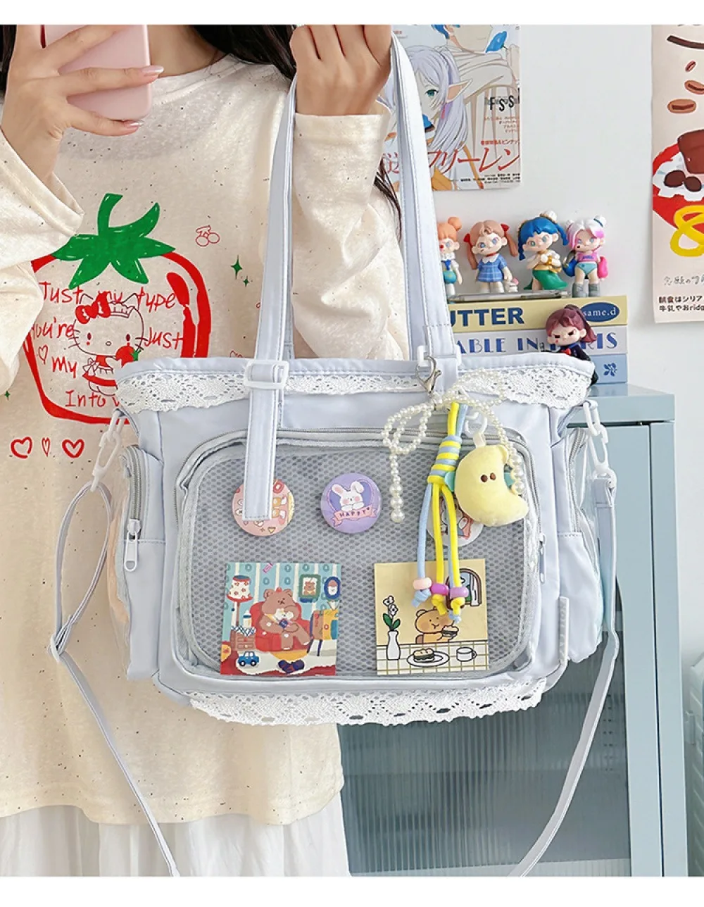 Kawaii Gelbe Spitzen-Ita-Tasche, Große Kapazität, Transparentes Fenster, Anime-Pin-Display, Schultertasche, Lolita Niedliche Handtasche für Comic-Con – Detail 10