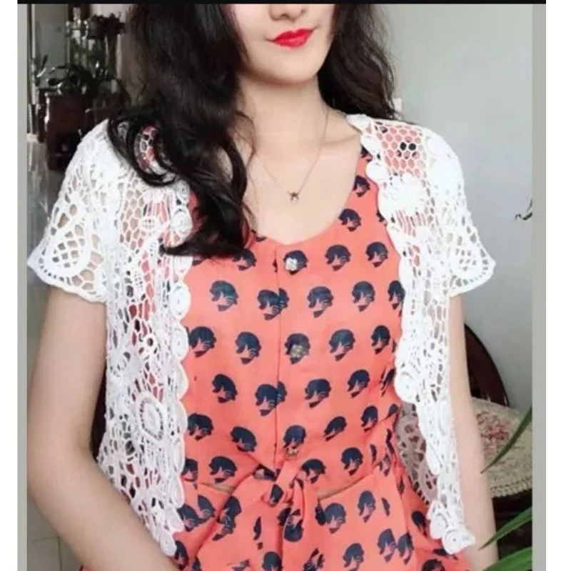 Womens Floral Crochet Sheer Short Sleeve Beach Cover Up Shrugs Crop Bolero Jackets for Dress Sunscreen Open Front Lace Cardigan - view 6