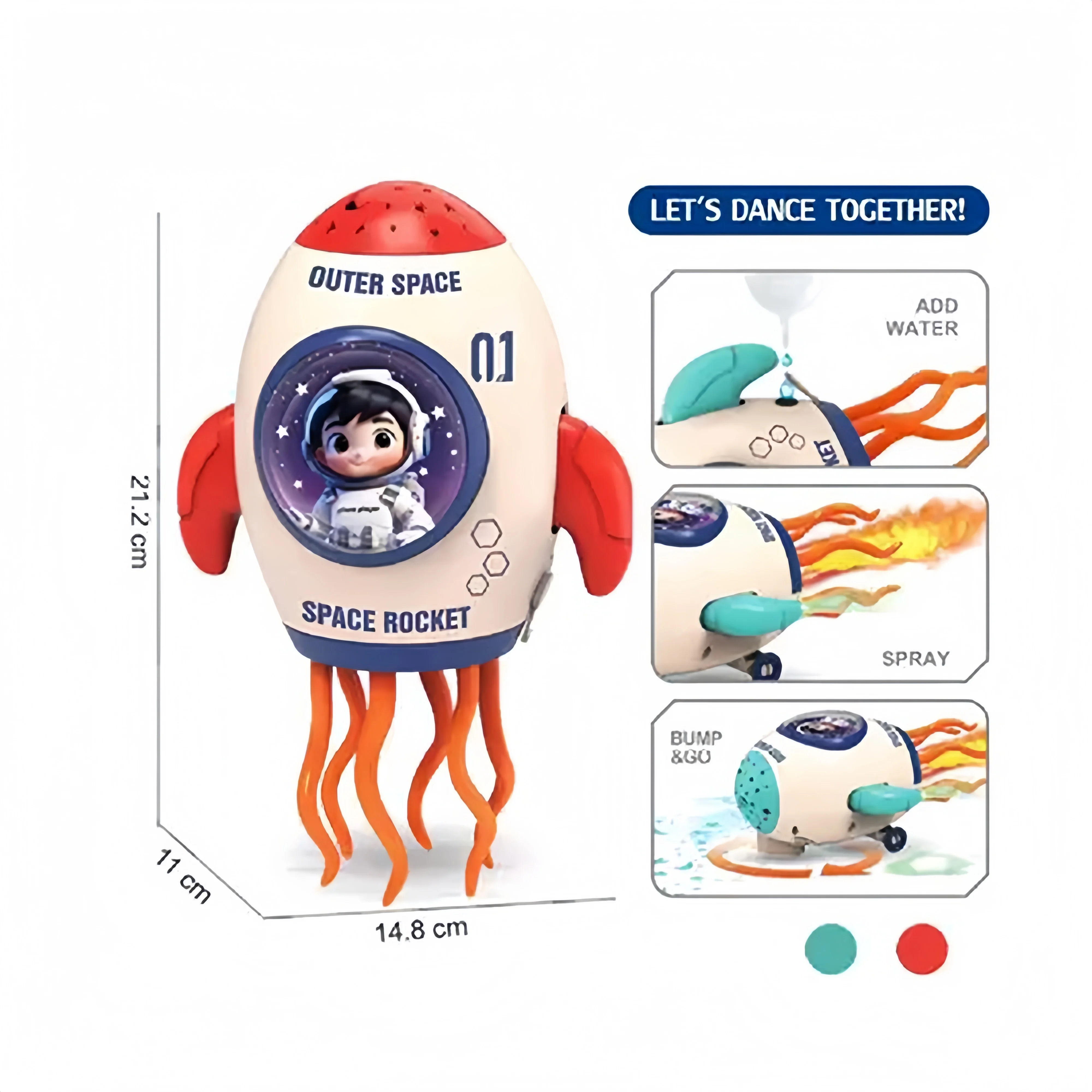 Dynamic musical space rocket toy with music, light and sound effects, cool spray, and starry sky projection.