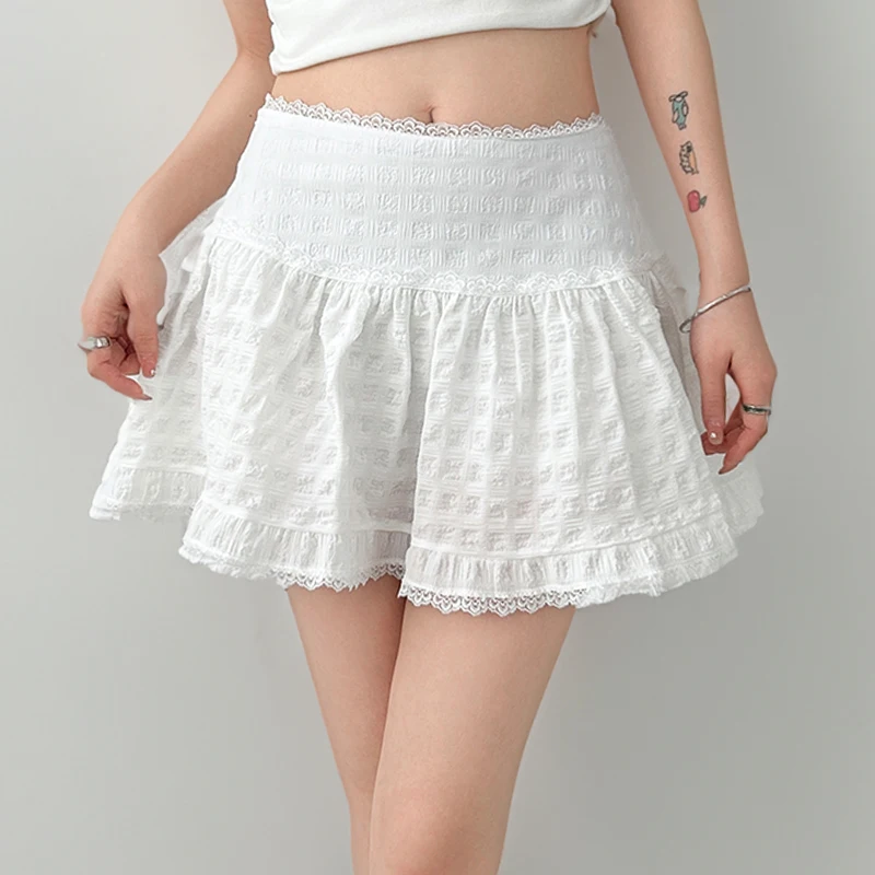 Sukapan Skirt Y2K Low Rise Tiered Ruffled Lace Trim Mini Skirt White Miniskirt Summer Women Teen-Girl Fairycore Sakupan Outfit