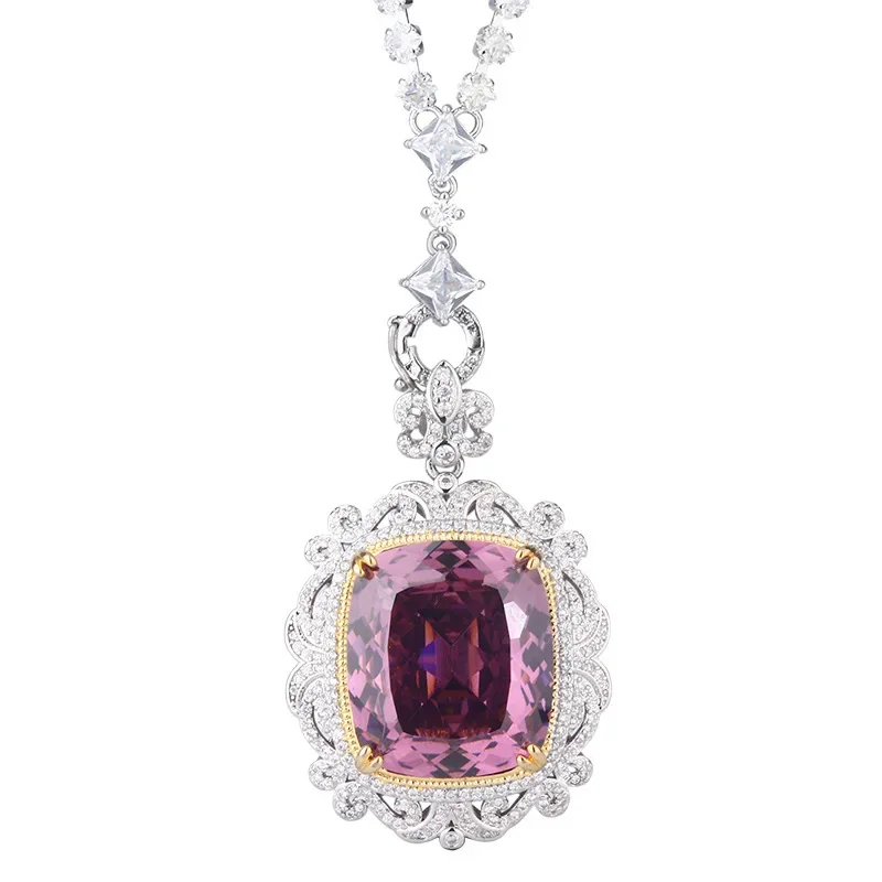 S925 Silver Plated 18K Gold Plated PT950 Platinum Artificially Cultivated Gemstone White Plated Blue Fat Square Necklace 20*23