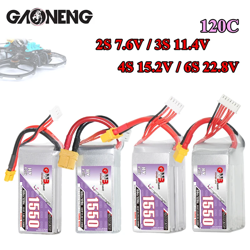 GNB 2S 3S 4S 6S 1550mAh 60C Lipo Battery for RC Car Truck Buggy FPV Drones RC Parts 7.6V 11.4V 15.2V 22.8V Rechargeable Battery