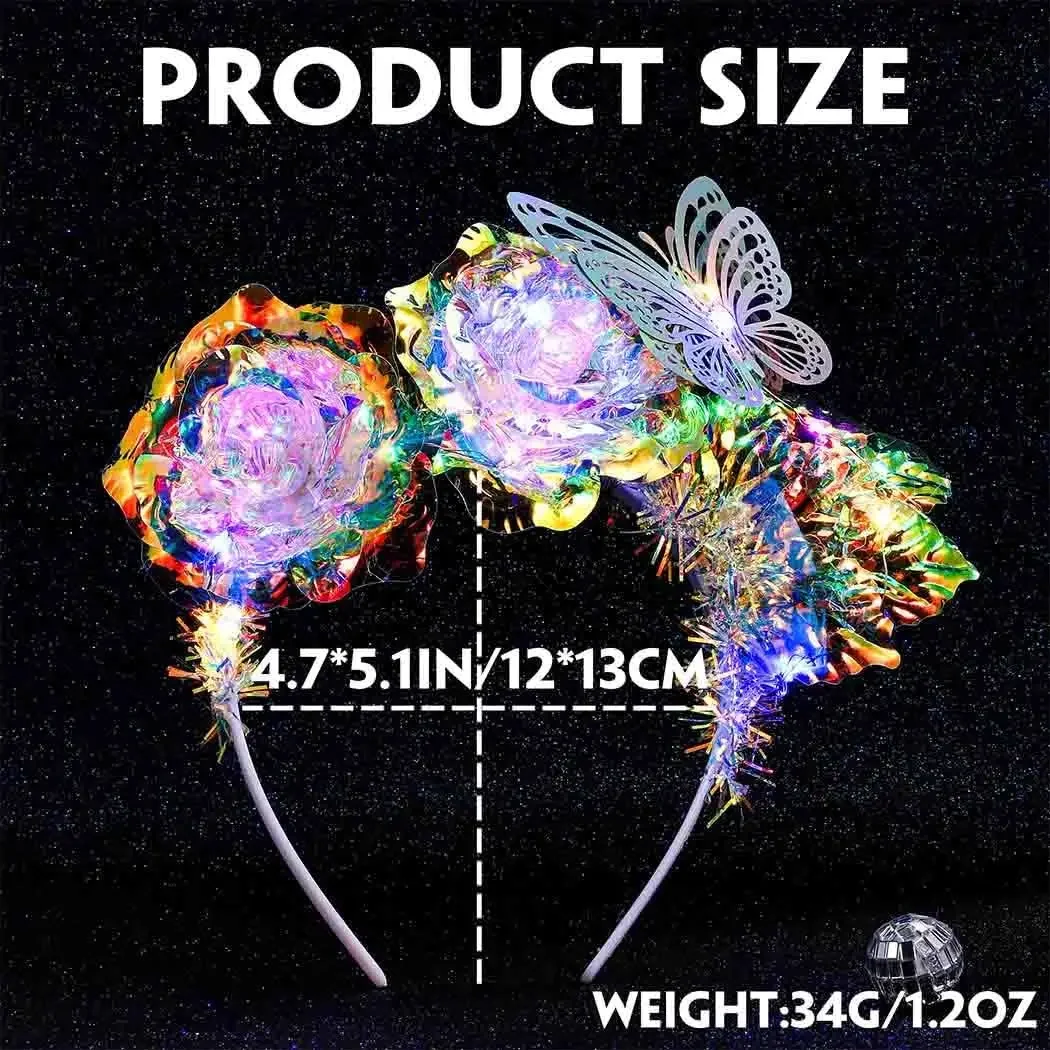 2 Stück leuchtende Laser-Blumen-Stirnbänder, LED-Schmetterlings-Haarbänder, glitzerndes Rave-Kostüm, Haarschmuck für Frauen