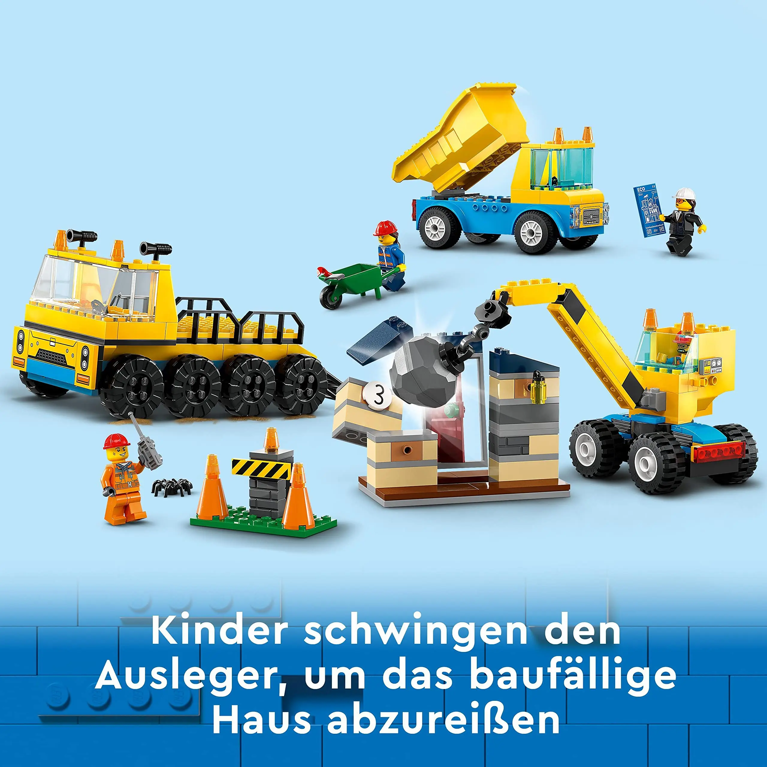 LEGO 60391 City Construction Trucks and Wrecking Ball Crane with Demolition Bulb Toy Excavator Dumper Transport Vehicles