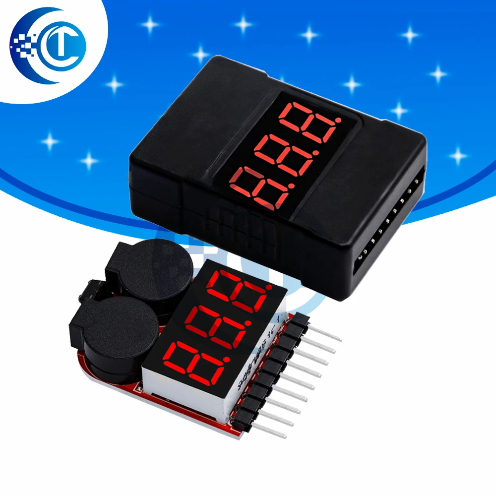 F00872 Lipo Battery Voltage Tester Volt Meter Indicator Checker Dual Speaker 1S-8S Low Voltage Buzzer Alarm 2in1 2S 3S 4S 8S