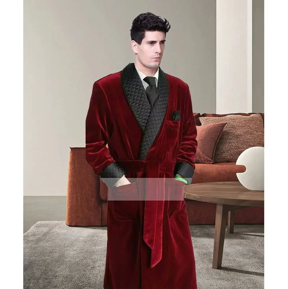 Burgundy Velvet Belt Design Smoking Long  Jacket Costume Homme Loose Daily Blazer One Piece