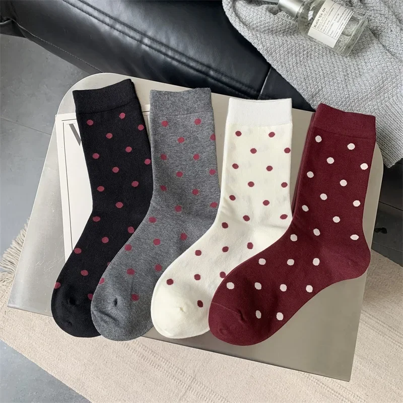 Girls Harajuku Red Polka Dot Medium Tube Socks Women Spring Autumn Cotton High Long Socks Japanese Korean Burgundy Stockings