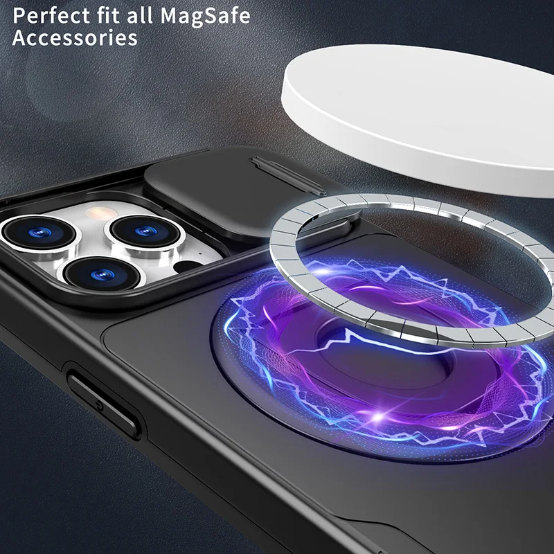 For iPhone 11 12 13 14 15 Pro Max 14 15 Plus Magsafe Wireless Charging Ring Stand Case Slide Camera Magnetic Cover Fundas