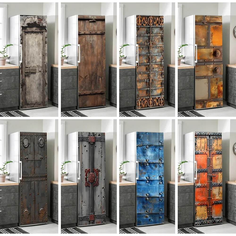 

Vintage Steel Iron Gate Design Fridge Door Art Decals Removable Retro Rusty Creative Refrigerator Door Wrap Wallpaper Poster