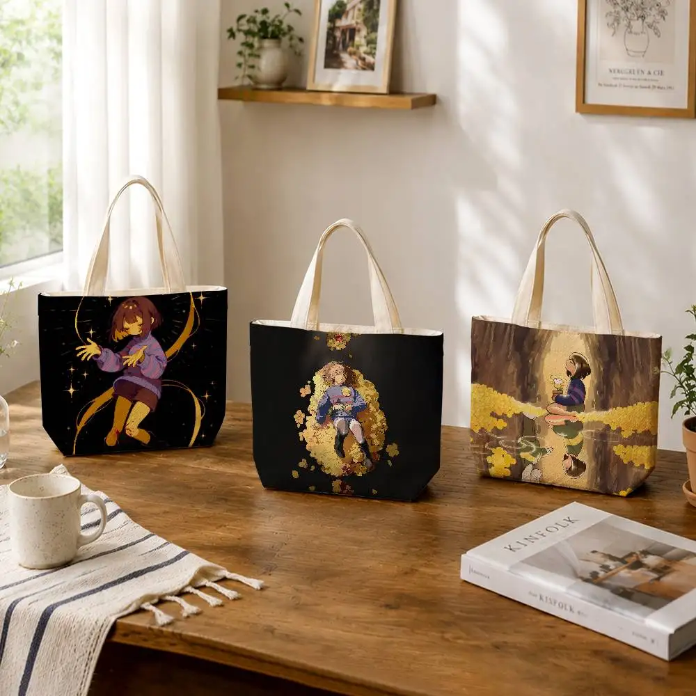 U-Undertale F-Frisk Flowey  Large Capacity Cotton Polyester Zipper Tote Bag Daily Shopping Shoulder Handbag