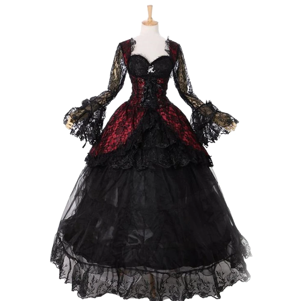 Abito da sposa vittoriano gotico rococò Masquerade abbigliamento da sposa Sweetheart manica lunga svasata nero Schwarz abiti da periodo per le donne