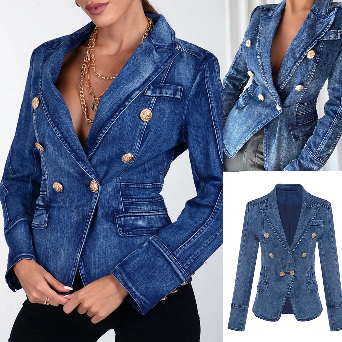 Gaun wanita Denim biru sesuai pesanan Slim Fit Double Breasted Fashion Show wanita jaket Blazer pakaian tamu satu potong