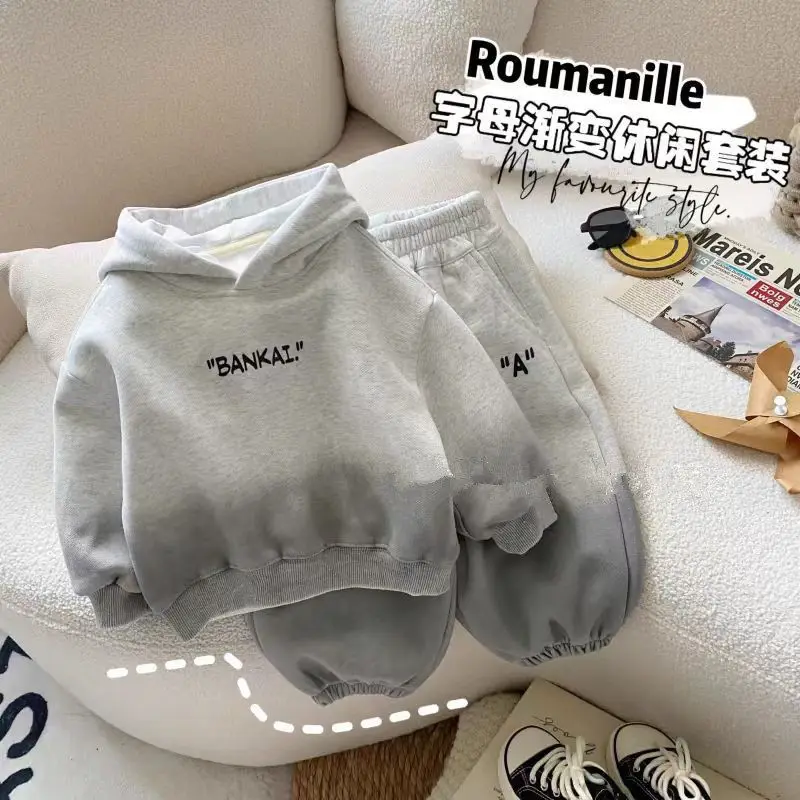 Girl Children Spring Autumn Hooded Gradient Grey Color Set Toddler Boys Outfits Cotton Sweatshirts Pants 2Pcs Clothes Set 1-7 Y