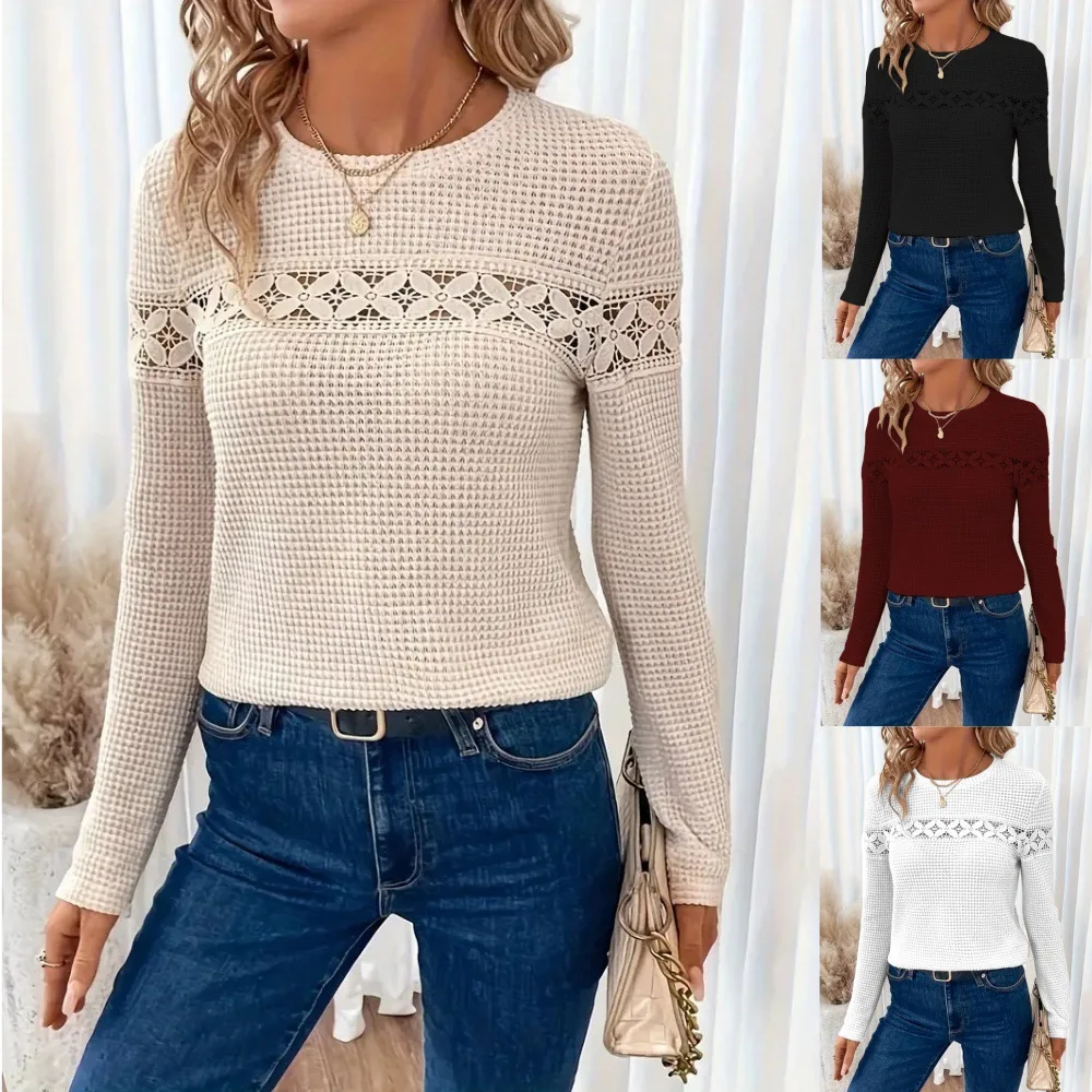 

Stylish Women's T-Shirt - Exquisite Lace Patchwork Round Neck Long Sleeve Pure Color Ladies T-Shirt