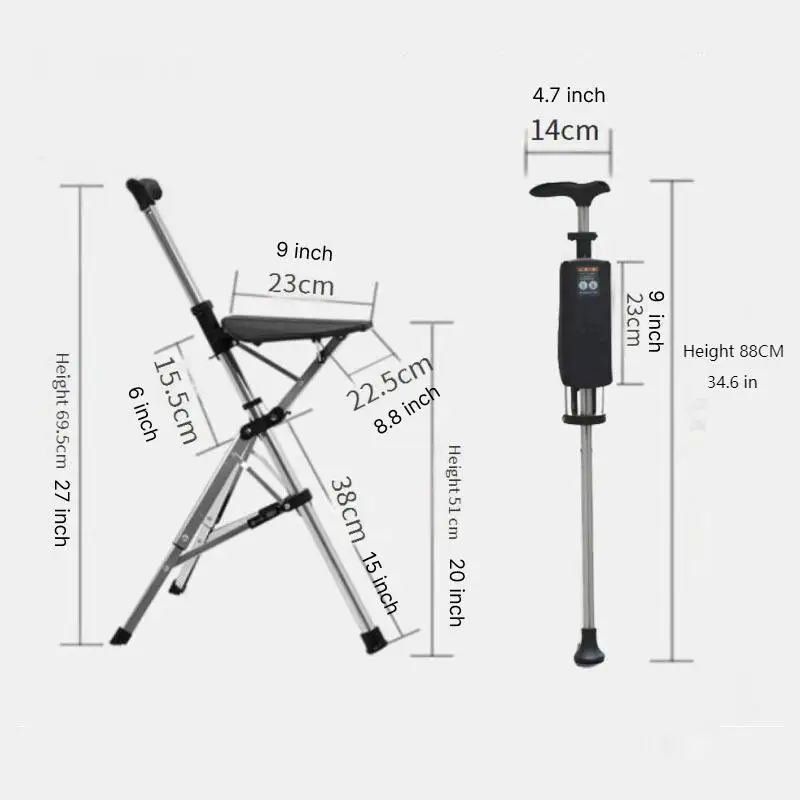 Aluminum Alloy Foldable Walking Cane Stick with Seat Adjustable Elderly Crutch Chair with Stool