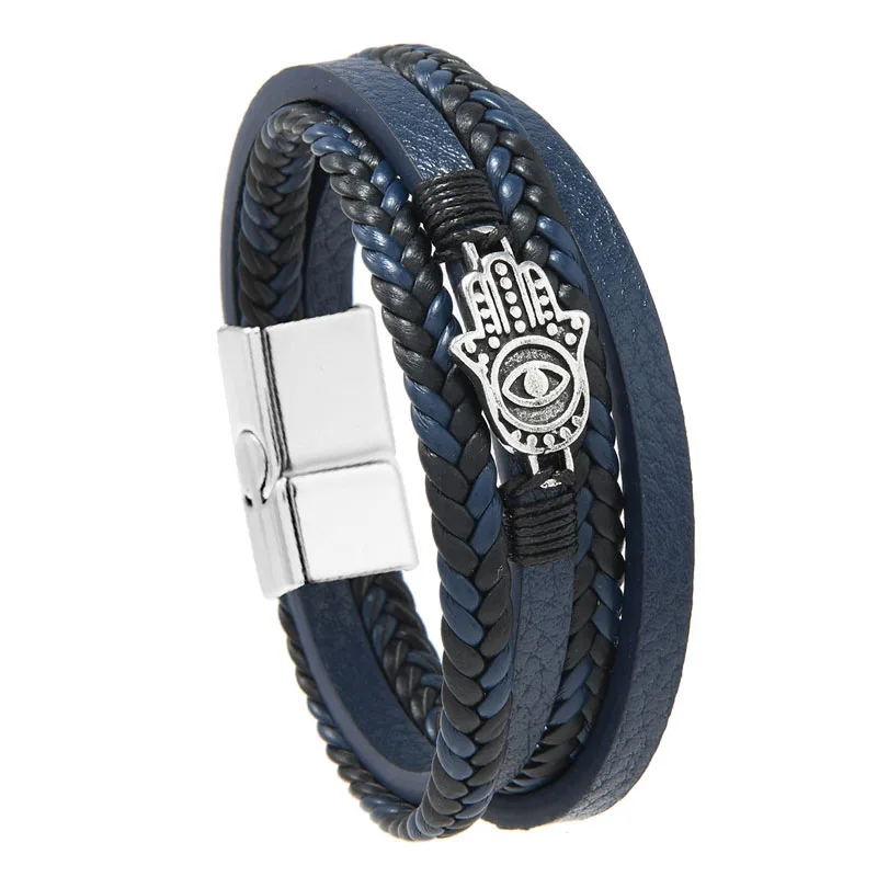 Vintage Lucky Fatima Hand Charm Bracelets for Man Evil Eye Woven Leather Cuff Bangle Gothic Multilayer Stakcable Men's Bracelet