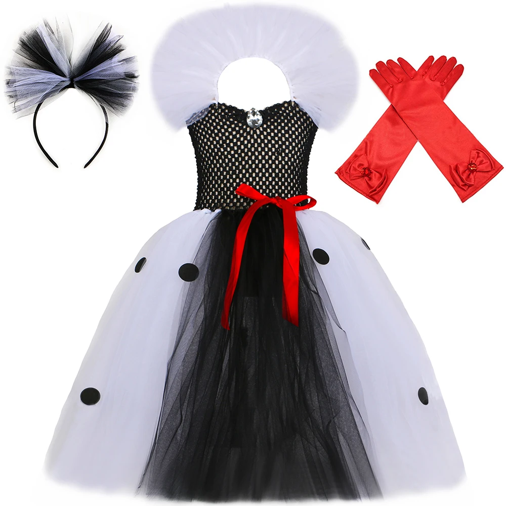 Cruella De Vil Costume for Girls Fancy Tutu Dress Carnival Party Clothes Dots Dalmatians Villain Cosplay Kids Halloween Costumes