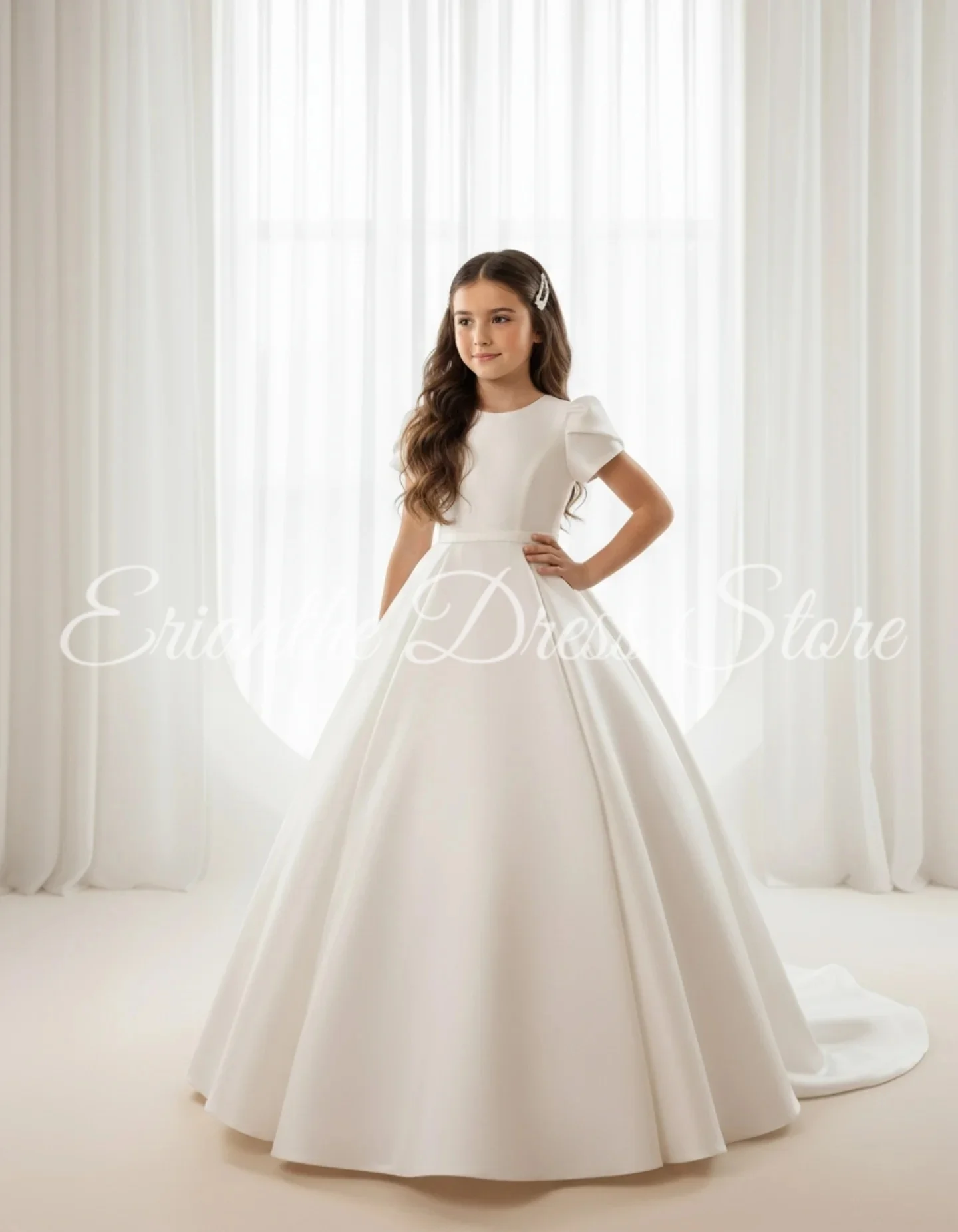 فستان فتاة الزهور من الساتان الأبيض لحفلات الزفاف منتفخ بطول الأرض الأميرة للأطفال وحفلات أعياد الميلاد الأولى فستاين سهرة/فساتين الحفلات حسب الطلب #3