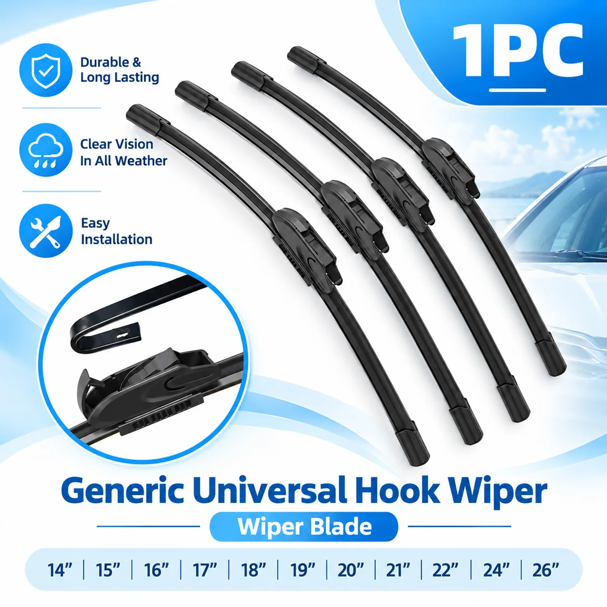 Universal J U Hook Wiper Blade Car Front Windshield Wiper Replacement Rubber Blade Durable Auto Parts For Clear Vision Driving