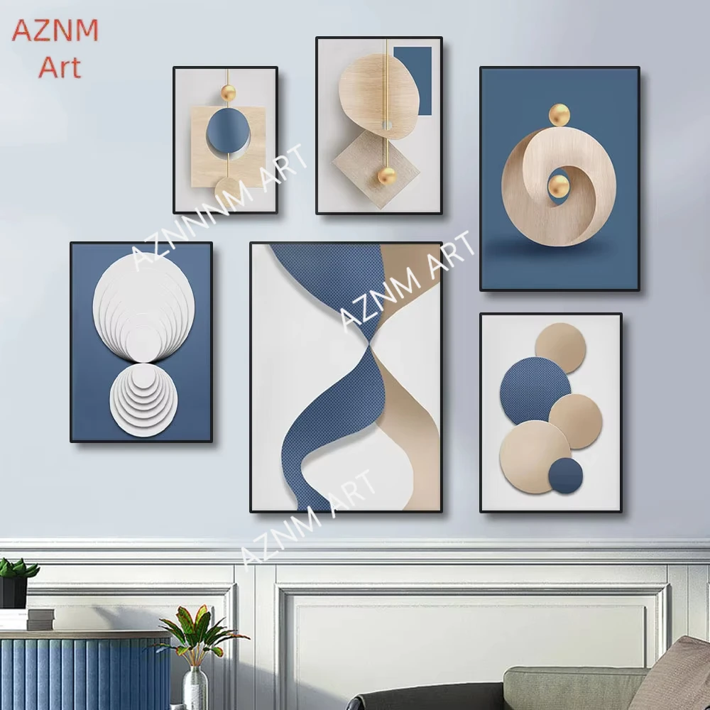 Póster Artístico de pared dorado de lujo, azul, blanco abstracto, impresiones, estilo geométrico nórdico, pintura en lienzo, imagen para decoración del hogar y la sala de estar