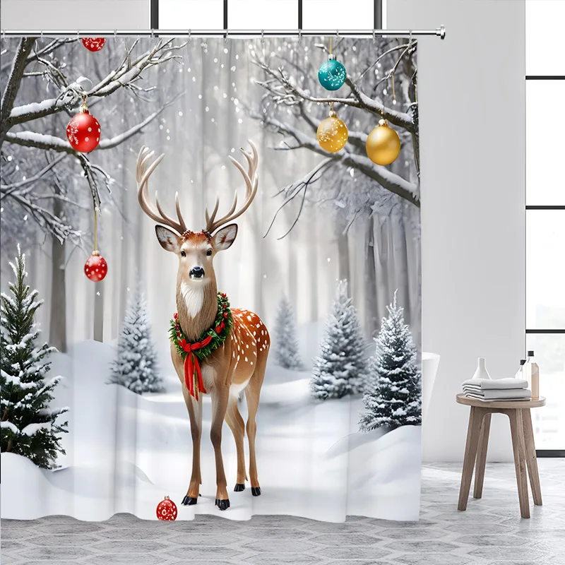 Christmas Elk Shower Curtain Farmhouse Pine Bough Deer Animal Cedar Winter Forest Landscape Bath Curtains Fabric Bathroom Decor