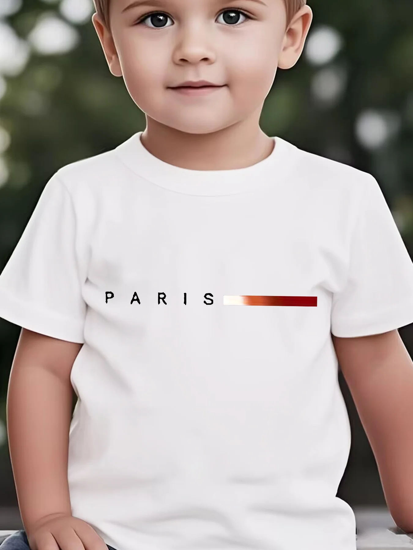 Baby Boys Spliced Gradient PARIS Letter‑Print Crew‑Neck Short‑Sleeve T‑Shirt For Daily Holiday