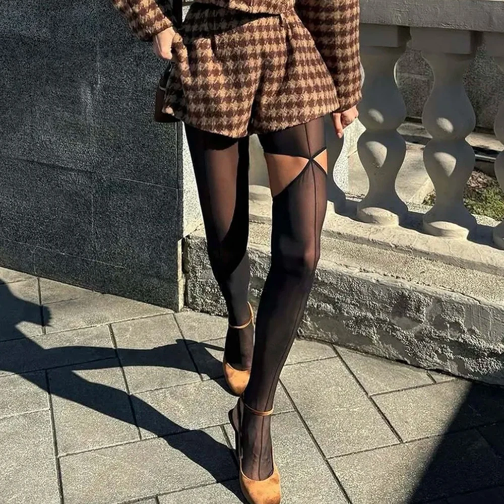 Talenza Schwarz Sexy Strumpfhosen Frauen Mode Aushöhlen Asymmetrische Schlitz Vintage Leggings Y2K Party Dünne Weibliche Strümpfe Strumpfhosen – Detail 5