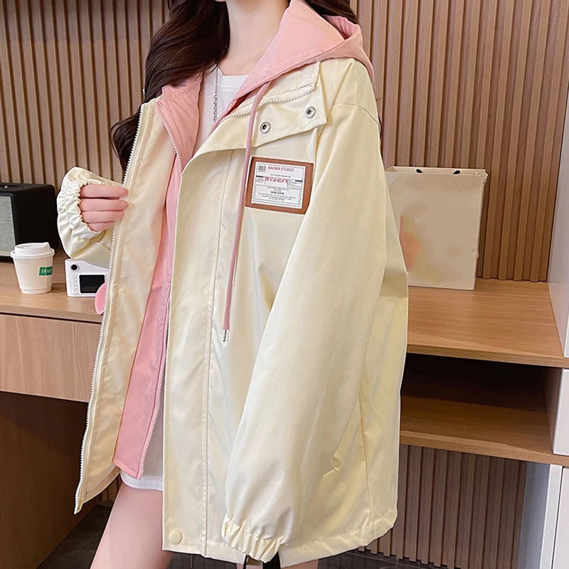 

Women Fake 2 Piece Hooded Cardigan Pocket Long Sleeve Loose Casual Coats Zipper Buttons Fashion Jacket Autumn