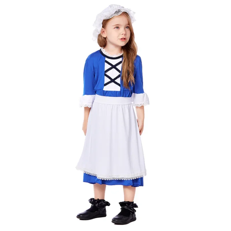 2024 New Kids Child Victorian Poor Girl Costume Colonial Village Peasant Girls Dress Halloween Carnival Stage Cosplay Dress Sets